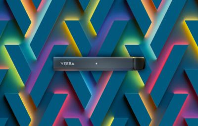 VEEBA vaping device front view horizontal with abstract colour design in the background