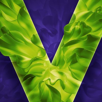 VEEV now ULTRA yellow V VEEV logo on a purple background