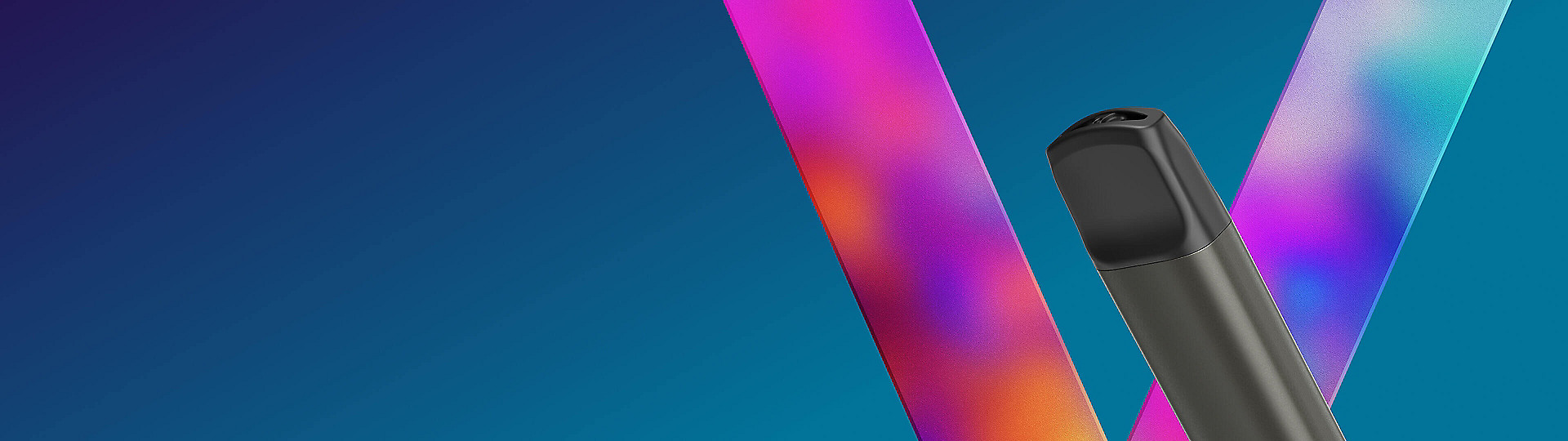 Detailní pohled na zařízení  VEEV ONE s abstraktní barevnou grafikou na tmavě modrém pozadí