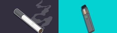 Side-by-side illustration comparing a cigarette vs a vape, showing a lit cigarette and a pod vape device