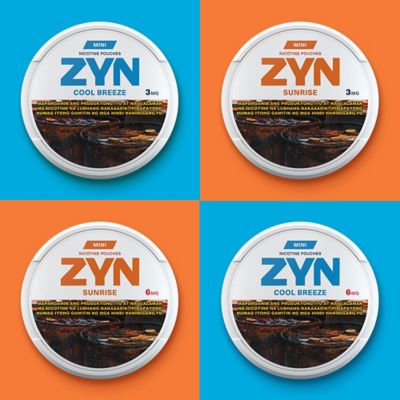 3 ZYN Slim cans  and 3 ZYN Mini cans. Solid color background using the ZYN can palette.