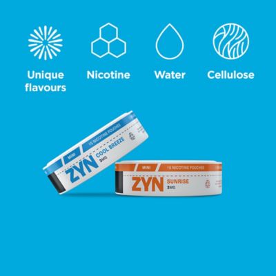 2 ZYN cans and high quality ingredients icons on a light blue background