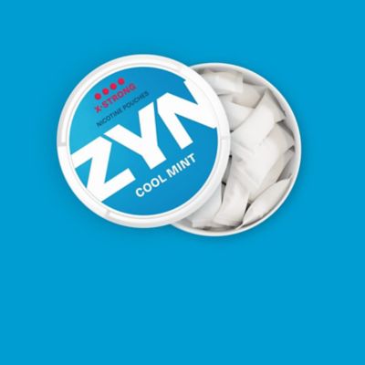 ZYN COOL MINT - an open, light blue nicotine pouch can