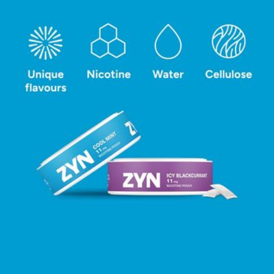 2 ZYN cans and high quality ingredients icons on a light blue background