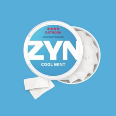 ZYN COOL MINT - an open, light blue nicotine pouch can with 2 pouches next to it