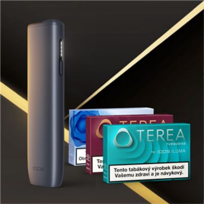 Zařízení IQOS ILUMA i a 3 krabičky náplní TEREA na černém pozadí