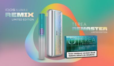 IQOS ILUMA i Remix Limited Edition a TEREA Remaster náplně na barevném gradientním pozadí