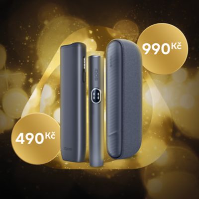 Zařízení IQOS ILUMA i ONE za 490 Kč a IQOS ILUMA i za 990 Kč na zlatém vánočním pozadí