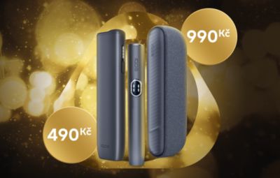 Zařízení IQOS ILUMA i ONE za 490 Kč a IQOS ILUMA i za 990 Kč na zlatém vánočním pozadí