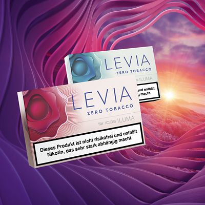 LEVIA Nikotinsticks vor einem lila Hintergrund