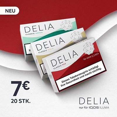 Drei DELIA Tabaksorten liegen auf einem roten Hintergrund mit Preistörer 20 Stück für 7,00€