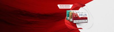 Drei DELIA Packungen abgebildet vor einem rot-weißen Hintergrund.