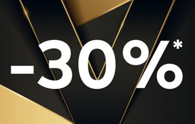 image d’un V noir bordé d’or lumineux sur fond or et noir dynamique pour illustrer la promo en cours de -30% valable sur toutes les saveurs VEEV ONE dès 3 paquets achetés