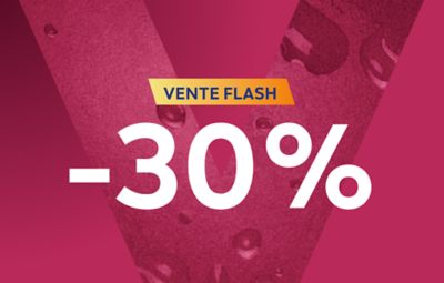 image d’un V rempli de saveurs sur fond rouge cerise pour illustrer la promo en cours de -30% valable sur toutes les saveurs VEEV ONE dès 3 paquets achetés