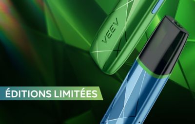 image des deux nouvelles éditions limitées VEEV ONE PERSPECTIVES Bleue et Verte côte à côte sur un fond vert aux aspects de diamant avec un badge sur fond vert et le texte « éDITIONS LIMITéES » en b