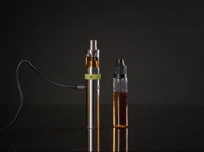 A vape device and a bottle of vape e-liquid