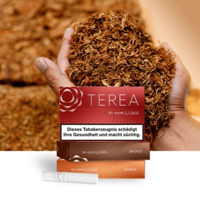 Drei IQOS TEREA Packungen vor einer Handvoll Tabak