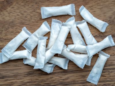 A small pile of white nicotine pouches.