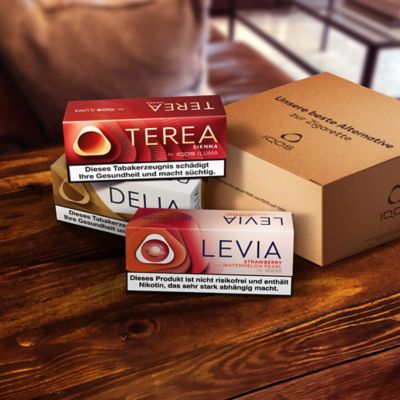 TEREA, DELIA und LEVIA Pearls Packungen auf einem Tisch