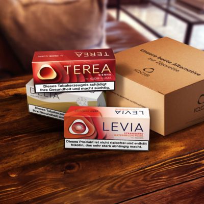 TEREA, DELIA und LEVIA Pearls Packungen auf einem Tisch