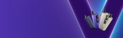 Visuel promotionnel VEEV One+, cigarette électronique compacte avec technologie “Échangez &amp; Rangez”, sur fond violet. Le texte “Nouveau VEEV one+” est affiché à gauche, tandis que plusieurs dispositifs VEEV One+ en différentes couleurs (bleu, violet, beige et blanc) sont présentés à droite avec leurs pods visibles, mettant en avant le design compact et les options de coloris.