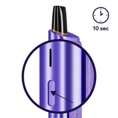 Gros plan d’un appareil VEEV ONE PLUS violet avec un bouton latéral entouré, accompagné d’une flèche indiquant une action à effectuer et d’une icône d’horloge indiquant « 10 sec ».