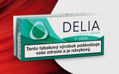 Krabička tabakových náplní DELIA Classic Green s povinným varovaním na výraznom červeno-bielom podklade.
