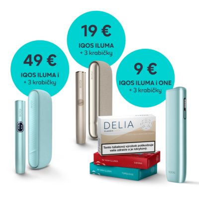 Tři různá zařízení IQOS ILUMA v různých barvách a tři krabičky náplní; u každého zařízení je nálepka se zvýhodněnou cenovou nabídkou a textem: plus tři krabičky náplní. 