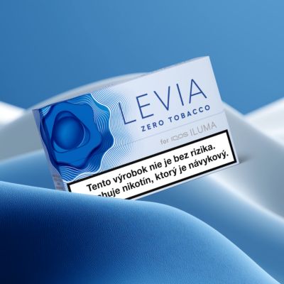 Krabička LEVIA na na modrobielom pozadí