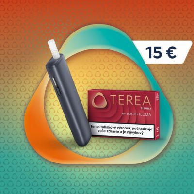 Zariadenia IQOS s náplňami TEREA na farebnom pozadí.