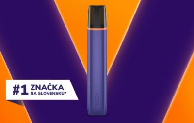 Fialové zariadenieVEEV ONE umiestnené na oranžovo‑fialovom pozadí v tvare písmena V, s textom ‚#1 značka na Slovensku.