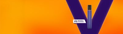 Fialové zariadenieVEEV ONE umiestnené na oranžovo‑fialovom pozadí v tvare písmena V, s textom ‚#1 značka na Slovensku.