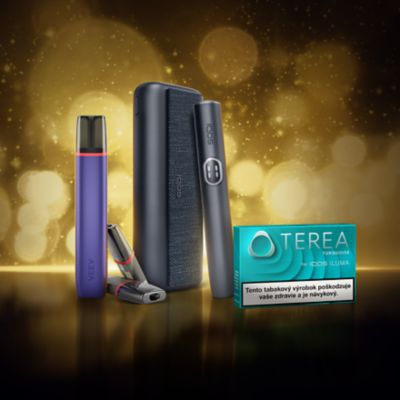Zariadenia VEEV ONE a IQOS ILUMA i s krabičkou TEREA Turquoise na zlatom pozadí