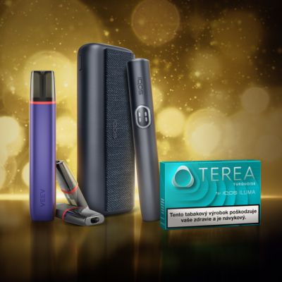 Zariadenia IQOS a VEEV ONE s náplňami TEREA a VEEV ONE na zlatom pozadí