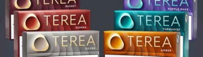 TEREA tobacco stick packs including Russet, Sienna, Silver, Amber, Turquoise and Purple Wave