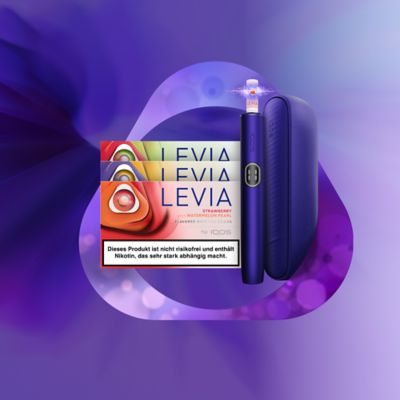 LEVIA Nikotinsticks vor einem lila Hintergrund