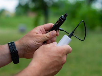 Vape picture showing a small vape device being charged with a portable power bank outdoors.