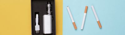 Side-by-side illustration comparing a cigarette vs a vape, showing a lit cigarette and a pod vape device