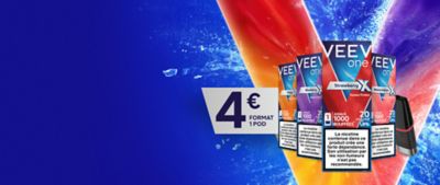 Visuel présentant plusieurs produits VEEV ONE de la gamme fruitée EXTRA, disposés devant un fond coloré bleu, rouge et violet. À gauche, un texte annonce “Nouvelles saveurs EXTRA – Gamme fruitée en 9 mg/ml et 20 mg/ml”, accompagné de deux boutons “Découvrir” et “Acheter”.