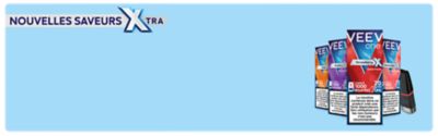Visuel présentant plusieurs produits VEEV ONE de la gamme fruitée EXTRA, disposés devant un fond bleu clair. À gauche, un texte annonce “Nouvelle Gamme EXTRA – Des saveurs fruitées plus riches et équilibrées à découvrir en en 9mg/ml et 20mg/ml”.