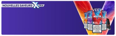 Visuel présentant plusieurs produits VEEV ONE de la gamme fruitée EXTRA, disposés devant un fond coloré bleu, rouge et violet. À gauche, un texte annonce “Nouvelle Gamme EXTRA – Des saveurs fruitées plus riches et équilibrées à découvrir en en 9mg/ml et 20mg/ml”.