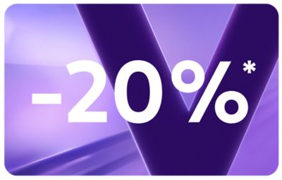bannière  avec un fond lilas et un V il y a écrit -20% dessus.
