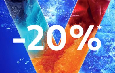 bannière avec écrit -20% en blanc, sur fond BLEU et un V multi couleurs.