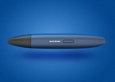 A smiling woman holding a Lucid Teal IQOS VEEV device.