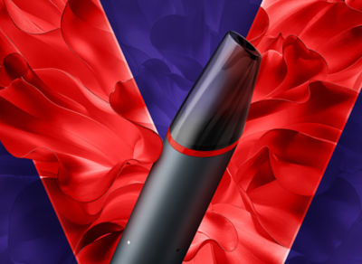 Vape VEEV NOW ULTRA Fresa con un fondo rojo de logo VEEV