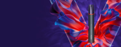 Banner de VEEV NOW ULTRA con un dispositivo y logo de VEEV en colores rojo y púrpura